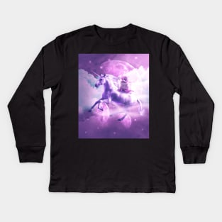 Kitty Cat Riding On Flying Space Galaxy Unicorn Kids Long Sleeve T-Shirt